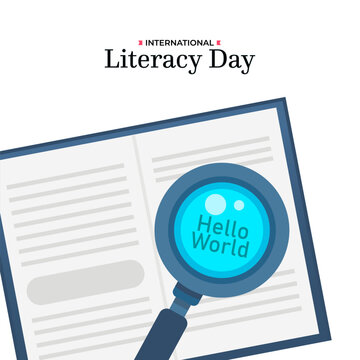 International Literacy Day Illustration with Open Book and Magnifying Glass