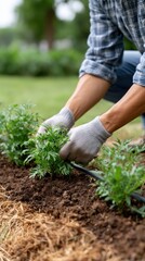 Fototapeta premium Hands planting young shrub in garden soil, landscaping service, environmental care, growth and sustainability concept.