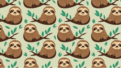 Obraz premium Seamless Pattern Featuring Cute Cartoon Sloths Resting on Tree Branches with Green Leaves for Fabric and Textile Design