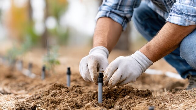 Hands planting young shrub in garden soil, landscaping service, environmental care, growth and sustainability concept.