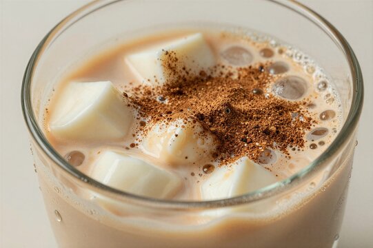 Closeup iced coffee with milk cubes and spice topping