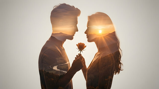 Double exposure portrait of a romantic couple looking at each other holding a rose during a golden hour sunset