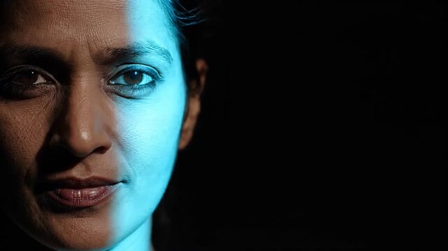 Indian woman face illuminated by side lighting. Split face shot in studio with blue light. Conceptual portrait of personality, shadow and identity in portrait