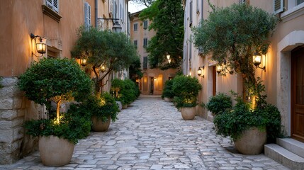 Fototapeta premium Charming stone village street with warm evening atmosphere.