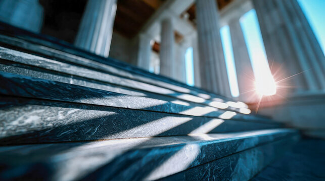 Low-angle view of grand stone staircase and classical columns with bright sunlight, government, law, heritage and institutional architecture concept