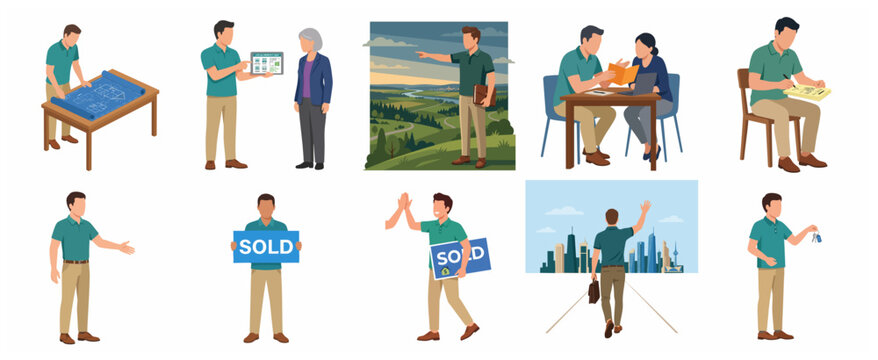 Professional real estate agent character set illustrating the property buying and selling process