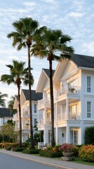 Fototapeta premium White buildings stand next to blooming flowers and palm trees at a luxury resort in a bright and inviting atmosphere