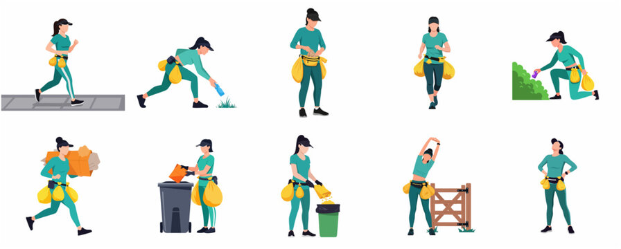 Set of flat illustrations of a woman plogging, picking up litter while jogging and keeping the environment clean