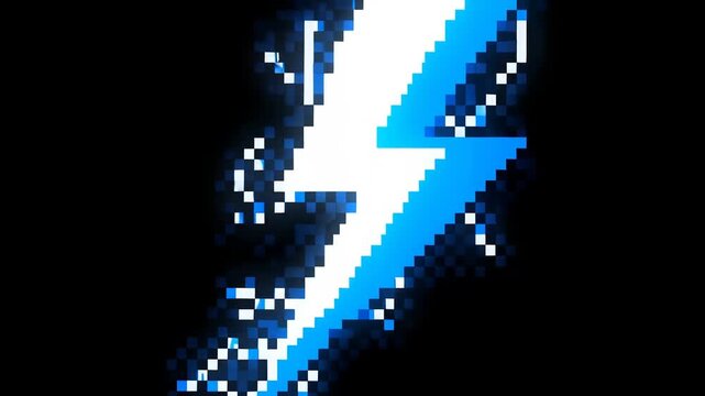 Panning shot of pixelated lightning bolt streaking across black background with blue glow glitchy pixel trail animated neon digital style
