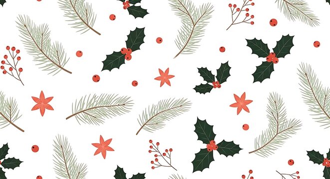 Seasonal botanical pattern with evergreen branches and red holly berries on a clean white surface design