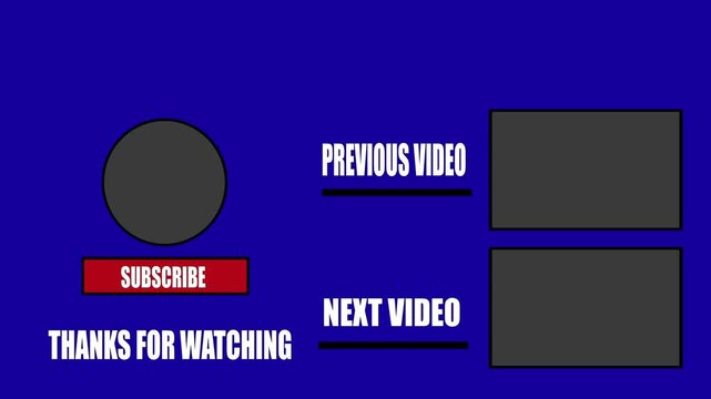 Professional youtube end screen template featuring a bold blue background with clear white text overlays including subscribe button and boxes for previous and next video suggestions 