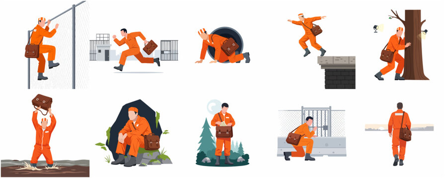 Prisoner Escape and Fugitive Journey Vector Illustration Set of a Man in Orange Jumpsuit