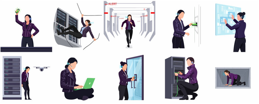 Cyber security and espionage flat vector illustration set featuring female agent infiltrating server rooms and hacking systems