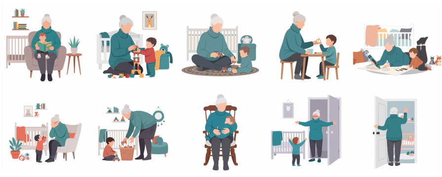 Grandmother and toddler daily activities set. Vector illustrations of babysitting, playing, eating, and caring for a child at home.