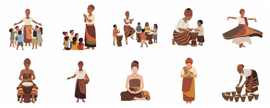 Set of African women and children in traditional clothing performing cultural activities including drumming and dancing
