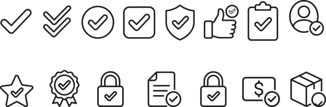 Set of check mark for user interface featuring approval, security, payment, and delivery symbols in a clean line style