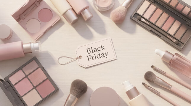 Cosmetic makeup products flat lay with Black Friday paper tag
