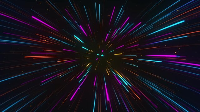 A dynamic abstraction with neon multicolored beams radiating from the center creates the effect of rapid movement in space. Suitable for technological design or graphic animation.