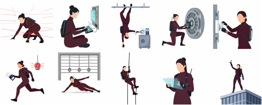 Female Spy Character Set in Various Stealth and Heist Action Poses