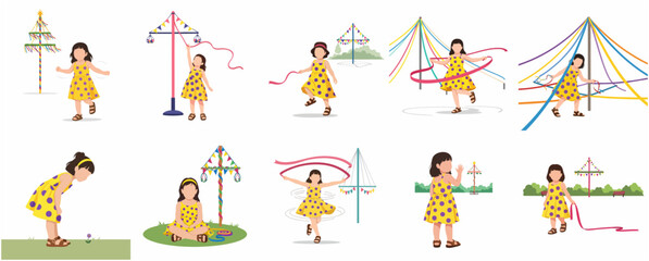 Fototapeta premium Set of illustrations of a little girl dancing around a maypole during a traditional Midsummer festival celebration