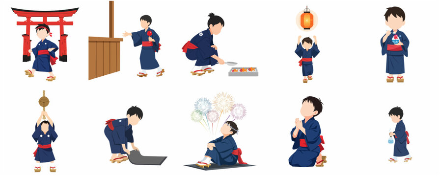 Japanese Summer Festival Illustration Set of a Boy in Traditional Yukata Participating in Matsuri Activities like Goldfish Scooping and Watching Fireworks