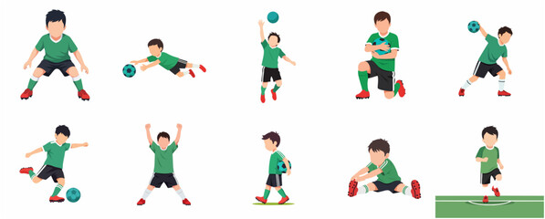 Fototapeta premium Set of Vector Illustrations of a Young Boy Playing Soccer in Various Actions and Poses