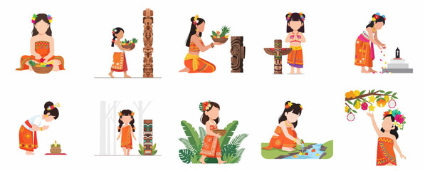 Obraz premium Collection of flat vector illustrations of girls in traditional attire performing cultural rituals, prayers, and offerings in a tropical island setting.