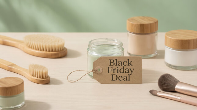 Cosmetic beauty jars and body brushes with Black Friday deal tag