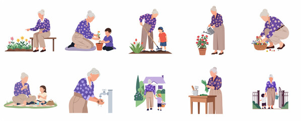 Fototapeta premium Flat vector illustration set of a grandmother and her grandson gardening together, planting flowers, watering, and enjoying outdoor activities.