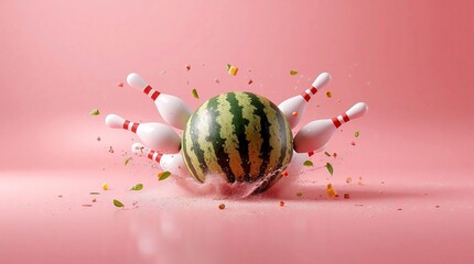 Watermelon striking and scattering bowling pins on a pink studio background, dynamic splash and flying fruit pieces in a surreal food-sport concept
