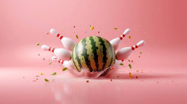 Watermelon striking and scattering bowling pins on a pink studio background, dynamic splash and flying fruit pieces in a surreal food-sport concept