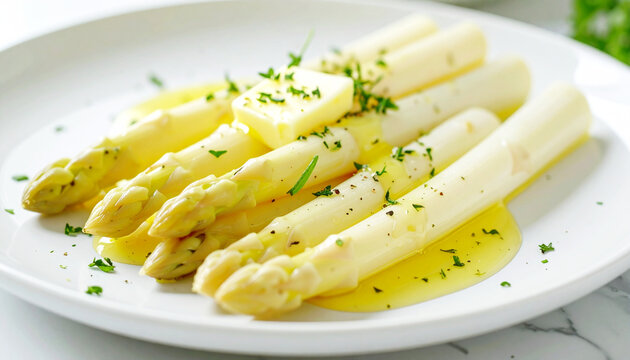 White asparagus with butter and herbs, white plate. AI