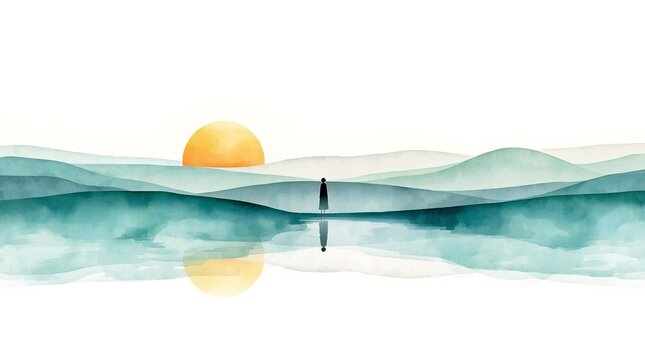 Minimalist watercolor landscape with a lone figure beside a calm reflective lake at sunrise over layered misty hills