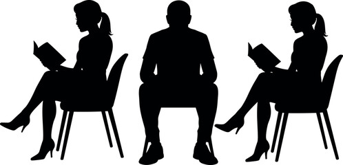 Silhouettes of people sitting on chairs including a man facing forward and two reading women in profile isolated on white © BIPUL