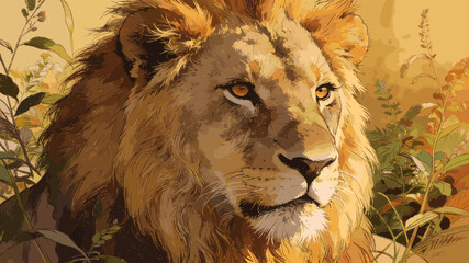 Majestic male lion with a golden mane gazes intently from a sun-drenched savanna, surrounded by tall grasses and foliage. © budi