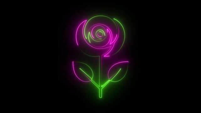 Pink and green neon rose flower icon sign with glowing stem and leaves isolated on black background.