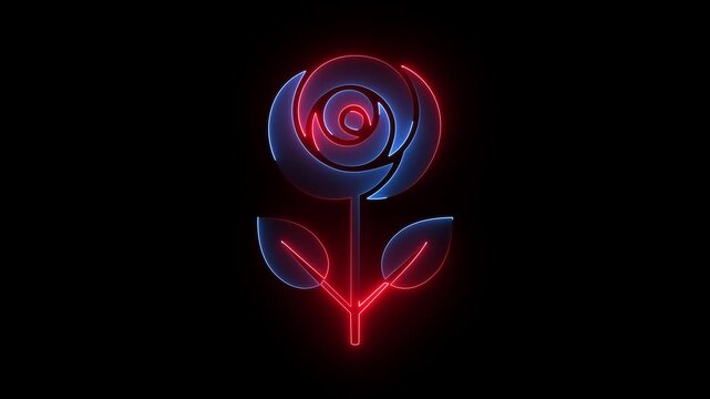 Red and blue neon rose flower icon sign with glowing stem and leaves isolated on black background.