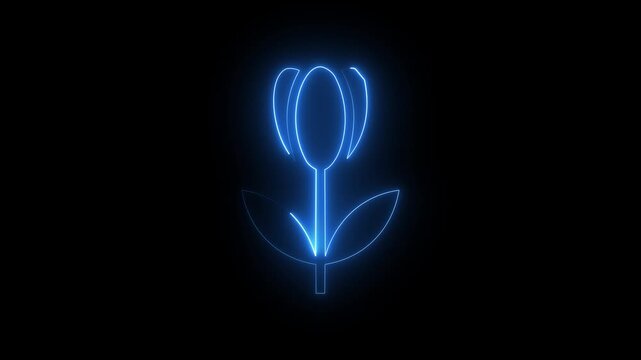 Blue neon tulip flower icon sign with glowing stem and leaves isolated on black background.