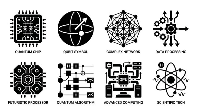 Quantum computing technology icons set vector illustration, futuristic processor, qubit symbol, complex network, data processing, algorithm, advanced computing, and scientific tech designs for innovat