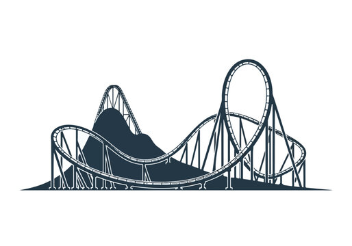 Dark blue illustration of a thrilling roller coaster with sharp turns and steep drops