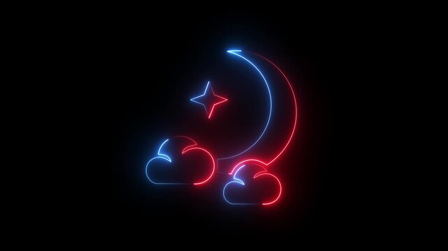 Red and blue neon crescent moon with clouds and star icon sign glowing night sky on black background.