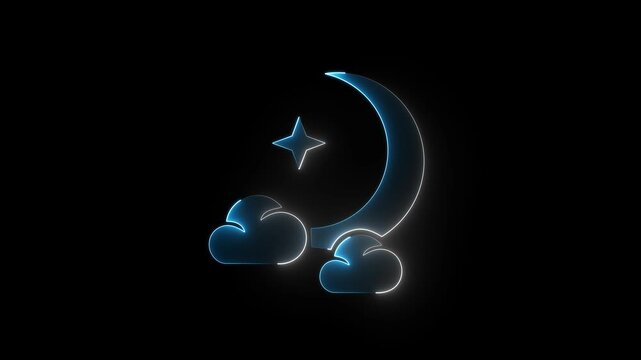 White and blue neon crescent moon with clouds and star icon sign glowing night sky on black background.