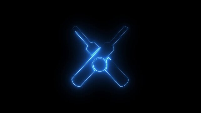 Blue neon crossed cricket bats icon sign with glowing ball equipment isolated on black background.