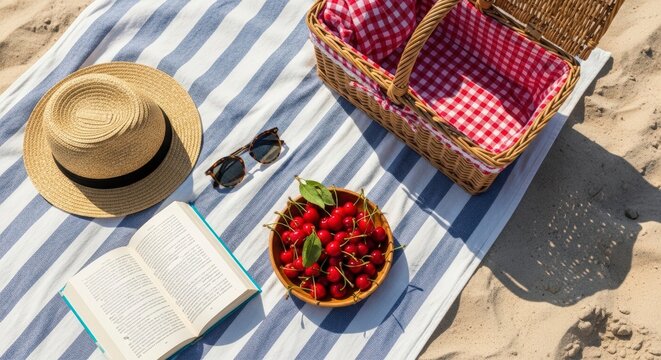 Summer picnic setup on sandy beach.