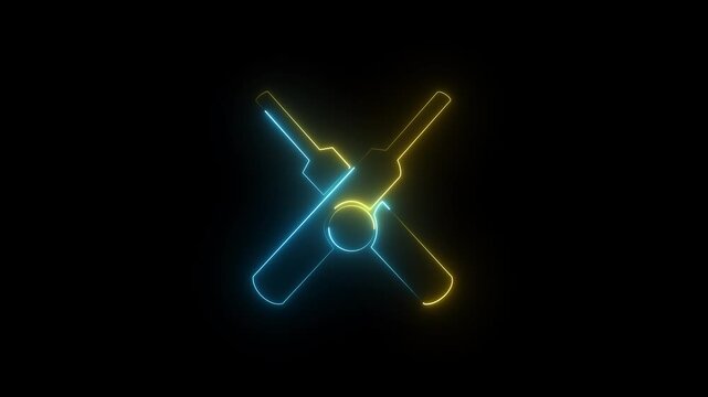Yellow and blue neon crossed cricket bats icon sign with glowing ball equipment on black background.