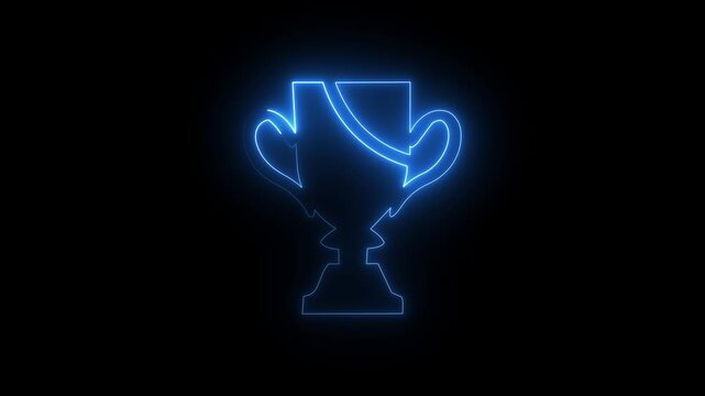 Blue neon trophy cup icon glowing on black background for sports and gaming award concept animation.Blue neon trophy cup icon glowing on black background for sports and gaming award concept animation.