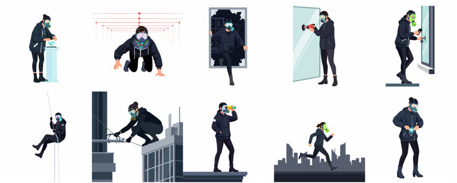 Flat vector illustration of a female thief or cat burglar in a gas mask performing heist actions, stealing jewelry and bypassing security, criminal character set on white background.