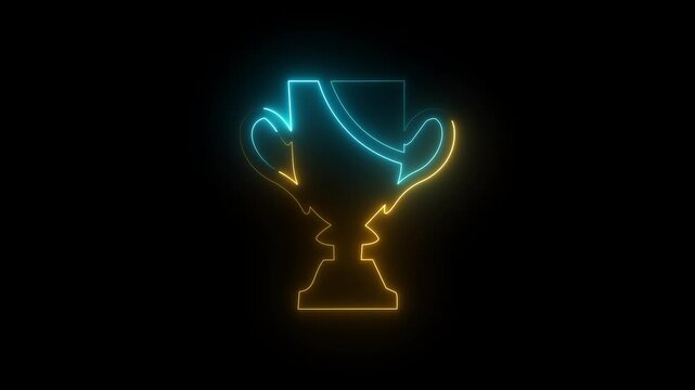 Gold and blue neon trophy cup glowing icon on black background for sports or tournament award award animation.