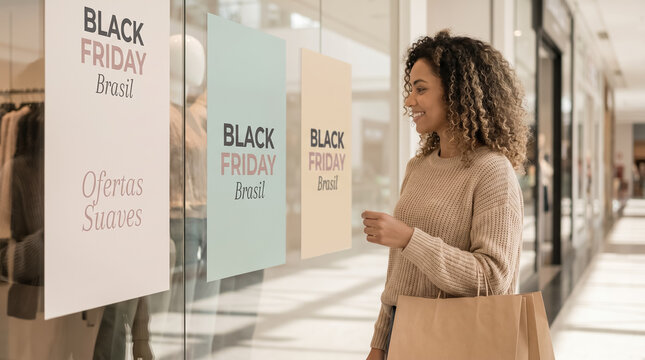 Happy woman looking at Black Friday window posters in mall