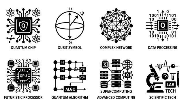 Quantum computing and scientific technology icons set vector illustration, futuristic processor, qubit symbol, complex network, data processing, algorithm, supercomputing, and laboratory research conc